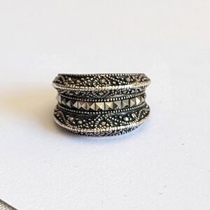 Vintage Boho Sterling Silver Victorian Chunky Marcasite Crystal Cocktail Ring